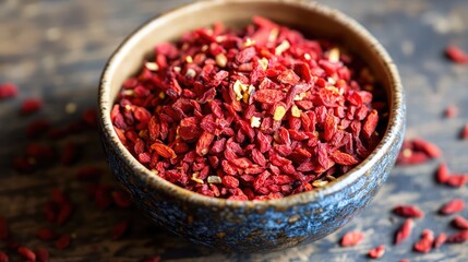 Goji berry granola in a rustic bowl highlighting its vibrant color and healthy ingredients for nutritious snack options.