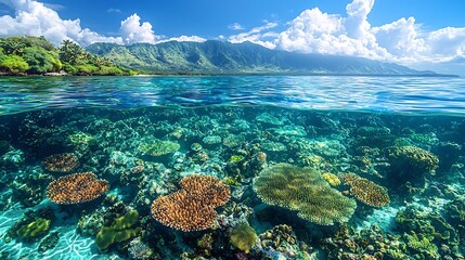 Breathtaking Aerial View of Pristine Coral Reef with Crystal Clear Tropical Waters