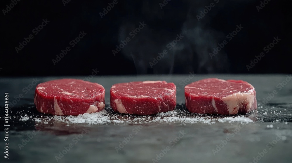 Aufkleber raw sirloin medallion steaks arranged on a dark surface ready for cooking with a hint of steam and c