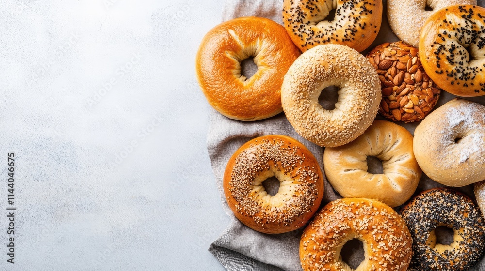 Poster assorted fresh bagels with various toppings arranged on a light backdrop showcasing their texture an