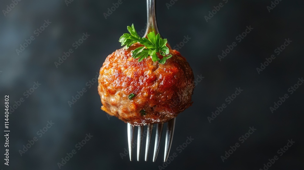 Poster delicious meatball on a fork garnished with parsley against a dark background showcasing appetizing 
