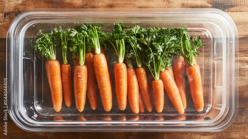 Aufkleber freshly harvested carrots with greens in a plastic container on a rustic wooden background viewed fr