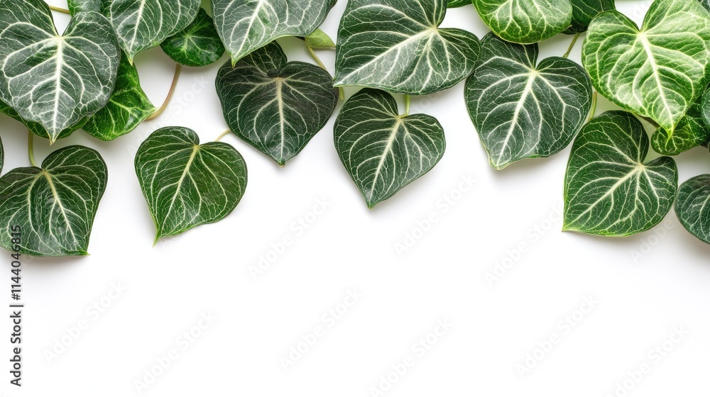Poster Lush green asiatic leaves border on a clean white background creating a fresh and vibrant natural design element for various applications