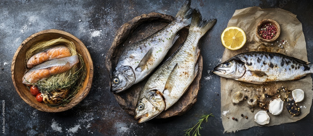 Aufkleber freshly grilled fish served with herbs lemon and sauces on rustic background