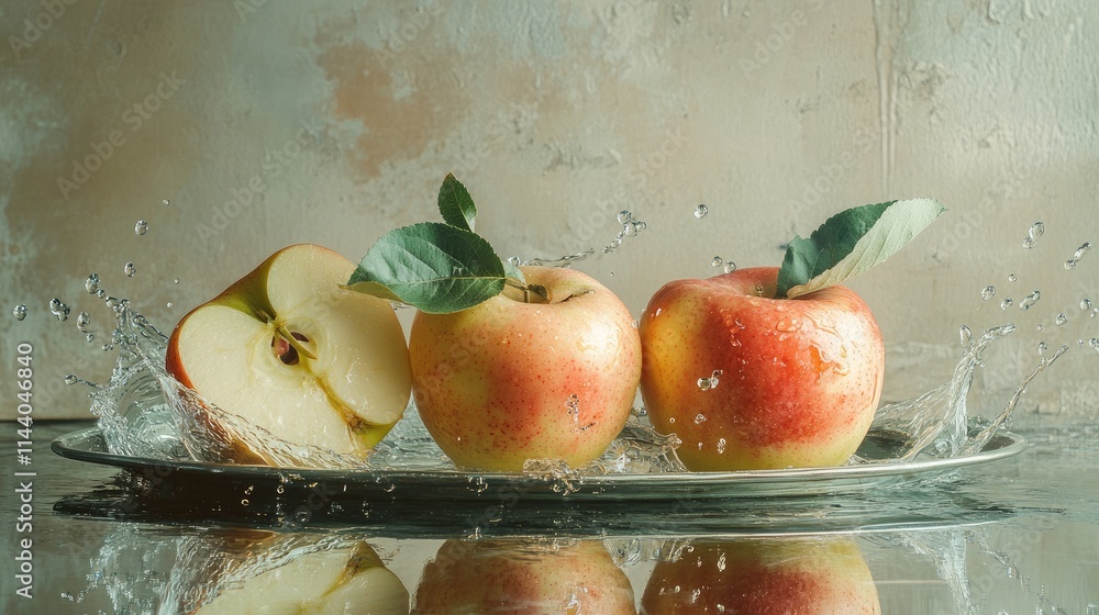 Poster fresh red apples with water splashes on a reflective surface showcasing their vibrant colors and nat