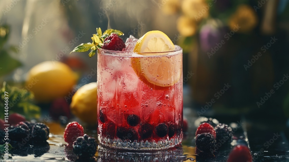 Poster refreshing berry lemonade with ice and lemon slice garnished, perfect for summer drink themes and vi