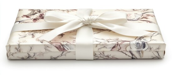 Elegant gift box with a stylish white ribbon on a marble-patterned surface perfect for celebrations and special occasions