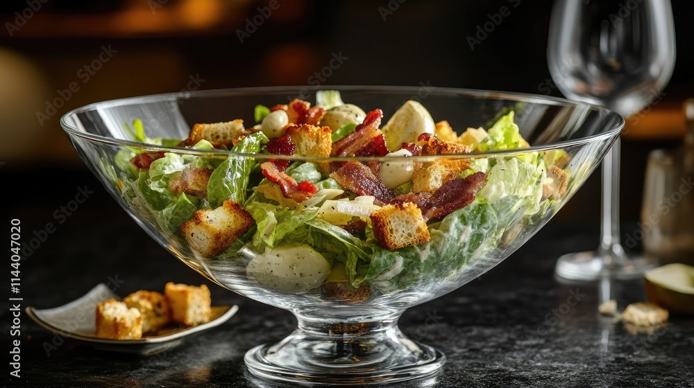Poster caesar salad with croutons and bacon bits in a glass bowl on a dark background elegantly presented f