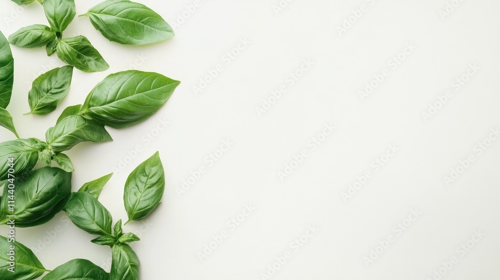 Poster Fresh basil leaves arranged artistically on a light background creating a vibrant and natural culinary composition.