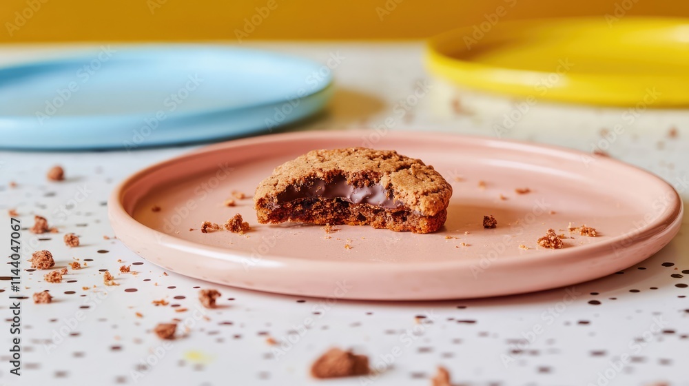 Poster bitten cookie on pastel ceramic plate with chocolate crumbs and colorful plates against a blurred ba