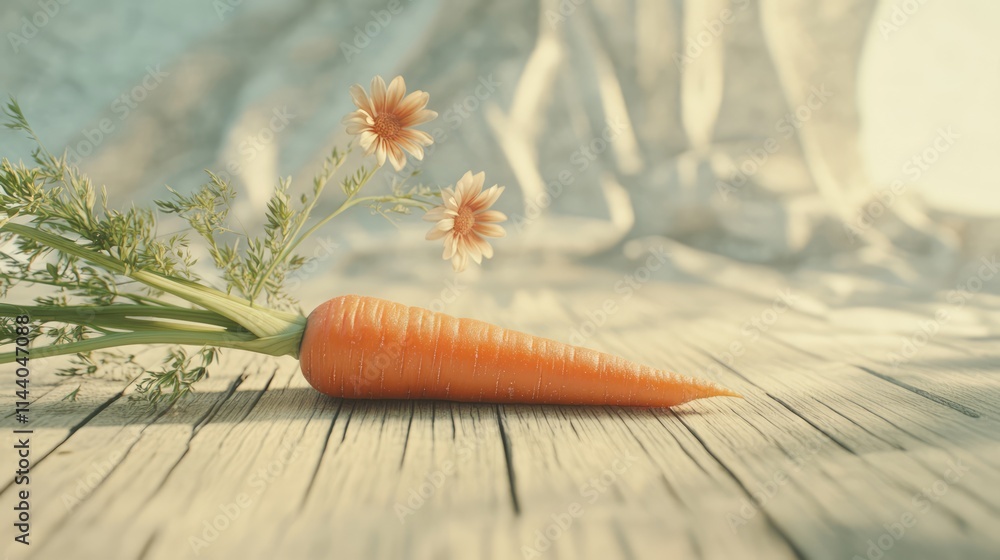 Poster fresh carrot with green leaves and flowers on rustic wooden table setting with soft natural light an