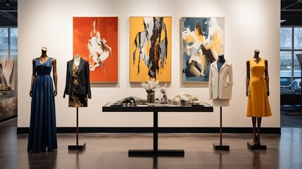 Beautifully arranged boutique display featuring a curated selection of casual and formal fashion garments accessories and decorative elements creating an elegant contemporary