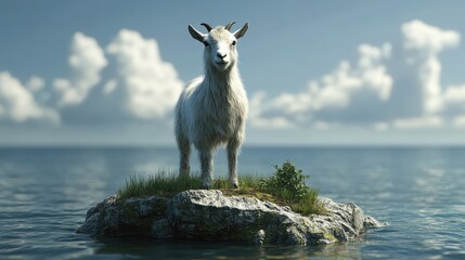 Obraz premium Goat Standing on Rocky Island Surrounded by Calm Waters and Lush Greenery Under a Clear Blue Sky