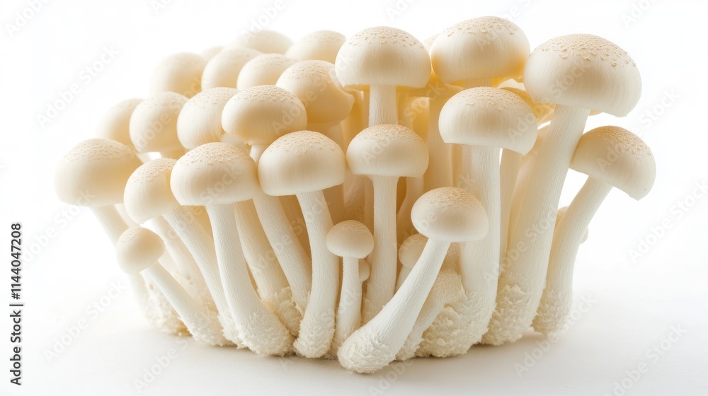 Poster fresh beech mushrooms cluster showcasing their vibrant white color and unique shapes isolated on a c