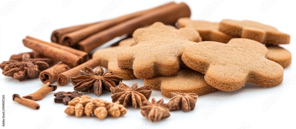 Aufkleber gingerbread cookies surrounded by aromatic spices on a white background in a close up view capturing
