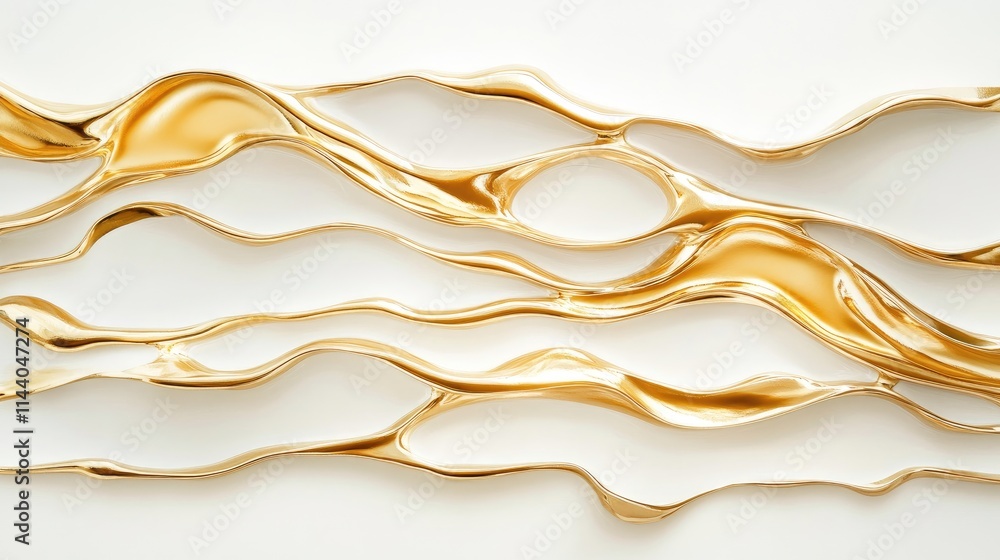 Poster golden liquid flowing gracefully across a clean white background creating an elegant abstract patter
