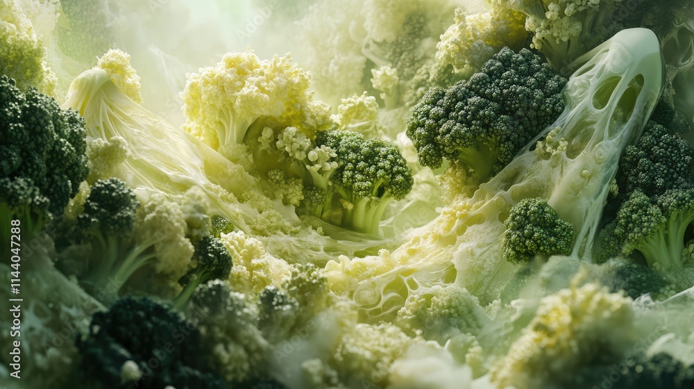 Poster close-up of fresh broccoli showcasing vibrant green florets and intricate textures on a soft white b