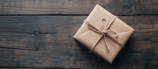 Gift box wrapped in brown paper with twine on rustic wooden floor ideal for holiday or special occasion greeting card design