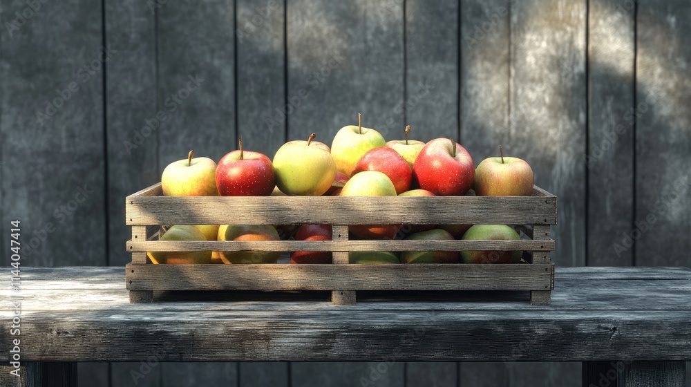 Poster freshly picked apples in a rustic wooden crate placed on a textured wooden table with a natural, coz