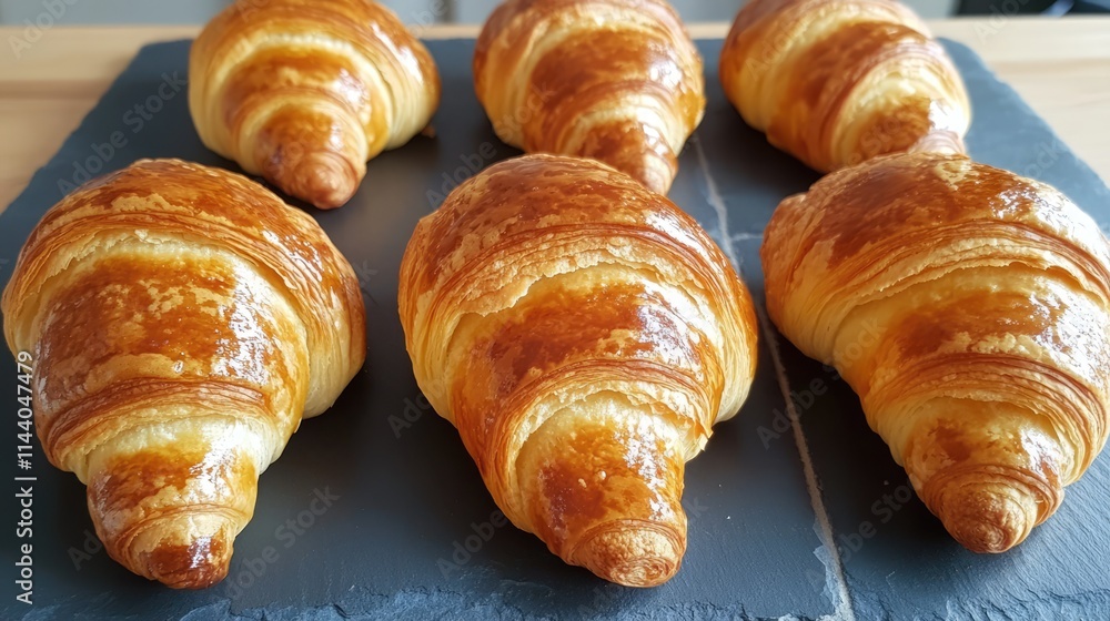 Poster golden flaky croissants arranged on a rustic slate background ideal for bakery or food advertisement