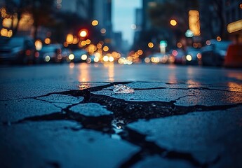 A cracked asphalt street with the focus on its cracks, surrounded by blurred city buildings and cars in motion. 