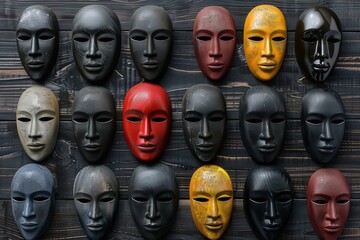 Vibrant masks displayed on a dark wooden wall reflecting a range of human emotions and feelings