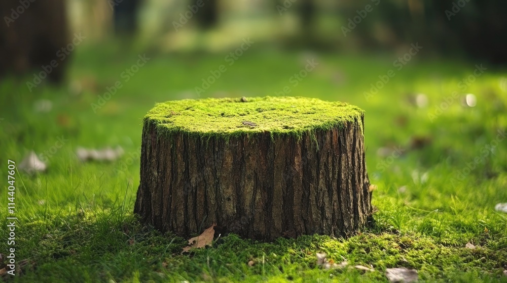Poster Moss covered tree stump in serene forest setting surrounded by vibrant green grass creating a peaceful natural landscape scene