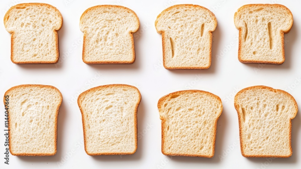 Poster Sliced fresh bread arranged in a grid pattern on a white background showcasing soft texture and golden crust.