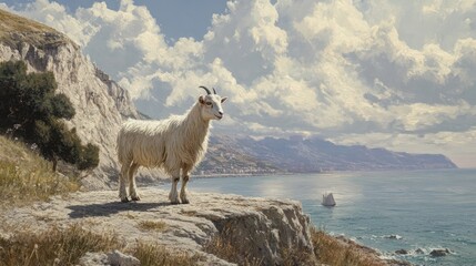 Fototapeta premium Goat Standing on Rocky Coastal Edge with Scenic Ocean View and Dramatic Skies in the Background