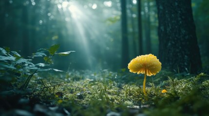 Vibrant yellow goat's beard mushroom amidst serene forest setting with soft light filtering through trees and lush green moss.