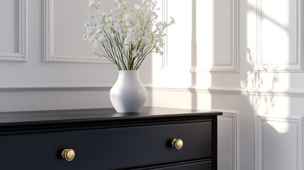 White flowers resting gracefully, closeup photo mockup, black dresser, elegant home decor. AI Generated