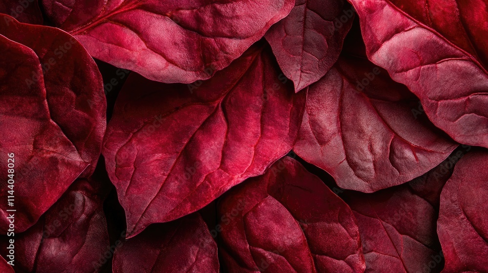 Poster beetroot leaf texture closeup with rich red hues and intricate leaf patterns on dark background