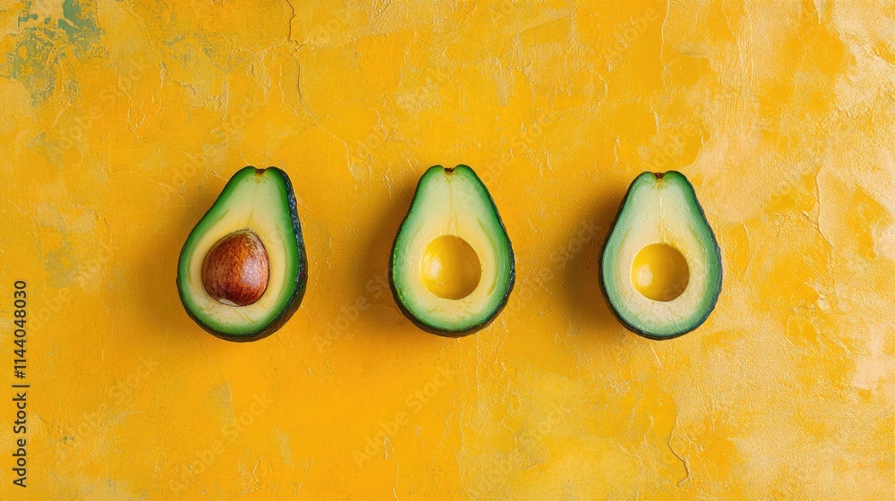 Aufkleber Avocado variations displayed on a vibrant yellow background showcasing whole and sliced forms highlighting freshness and versatility