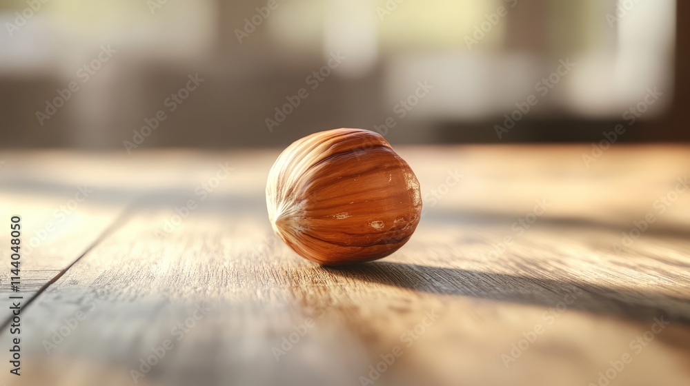 Aufkleber hazelnut resting on a rustic wooden table with soft natural lighting highlighting its texture and co