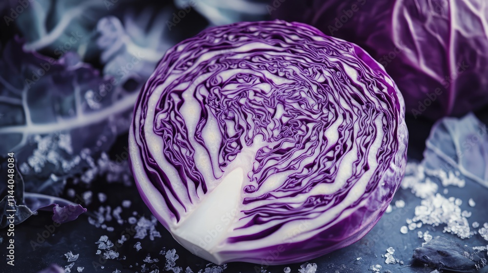 Poster freshly cut purple cabbage showcasing intricate textures and patterns on a dark background, ideal fo