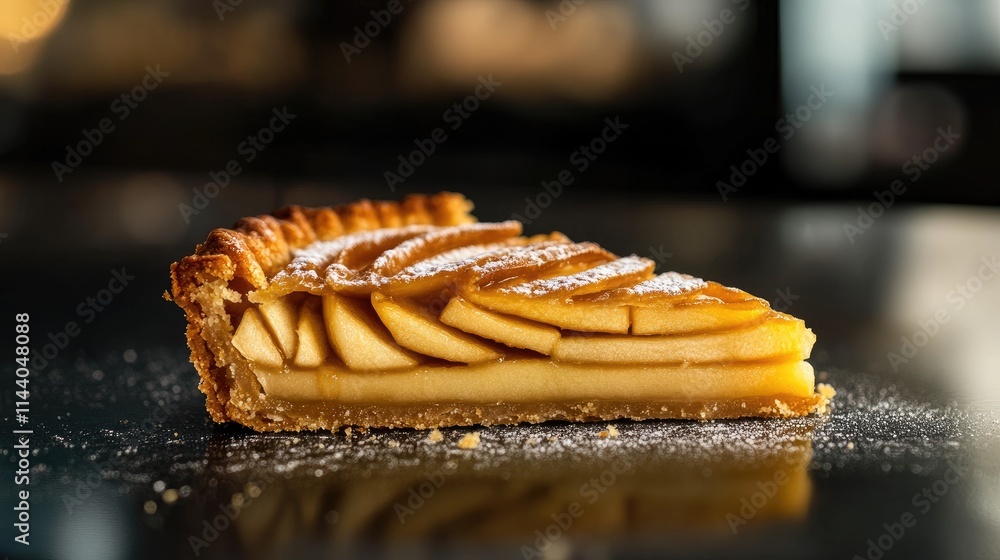 Poster deliciously plated slice of fresh apple pie showcasing glossy apples on a black table with a sprinkl