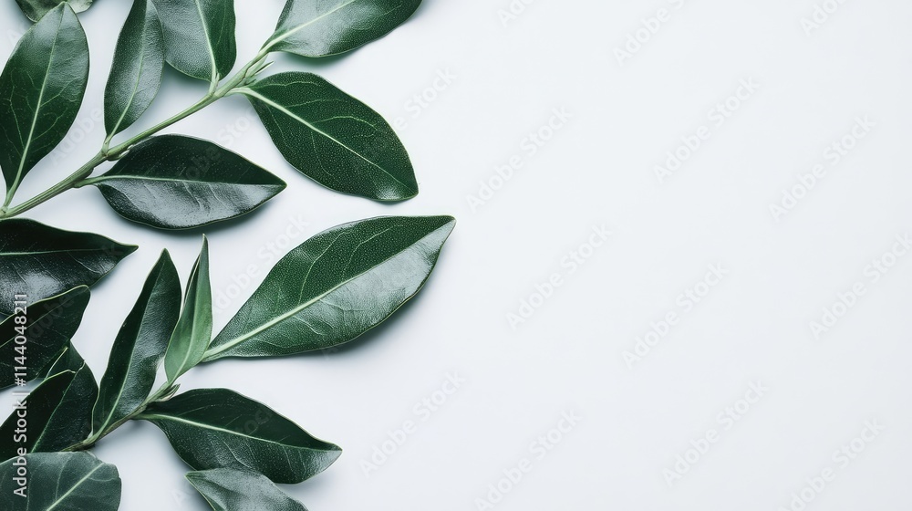 Poster fresh bay leaves arranged artistically on a light background emphasizing their vibrant green color a