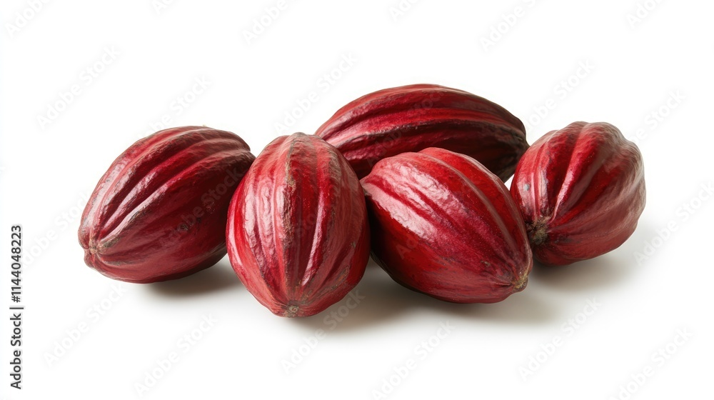 Poster fresh cacao fruits on white background showcasing dark red cocoa pods in natural arrangement highlig