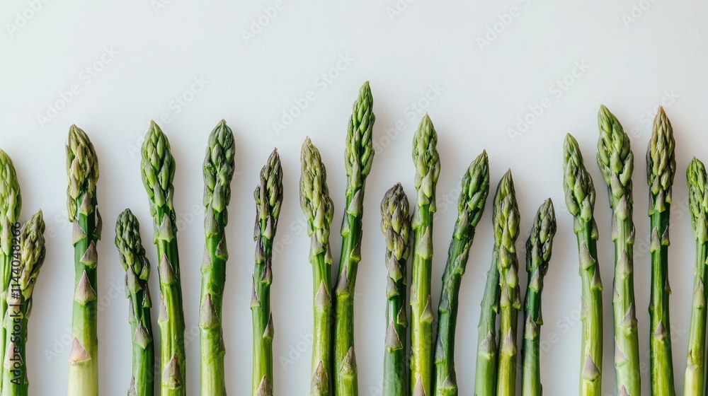 Poster green asparagus spears arranged neatly on a neutral background showcasing their vibrant color and fr