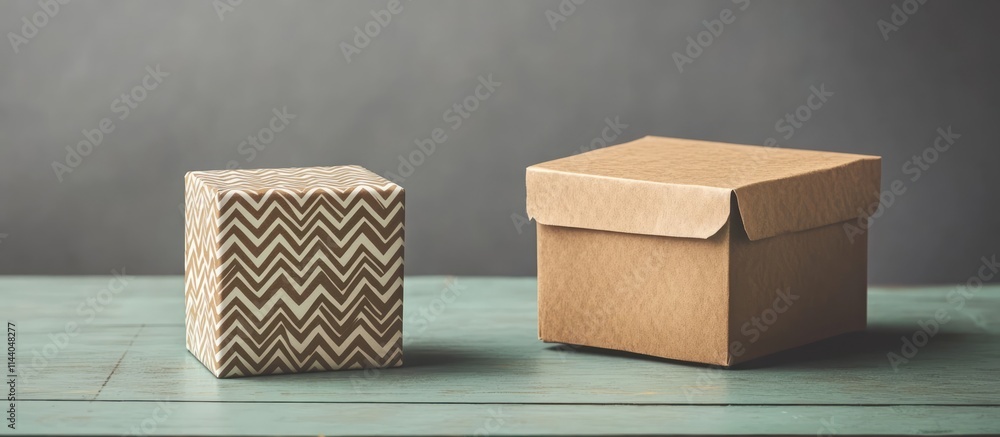 Poster gift boxes on a green table featuring zigzag patterns with a stylish package against a grey backgrou