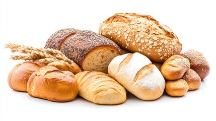 Assorted freshly baked bread loaves and rolls on a white background showcasing a range of textures and shapes with wheat ears.