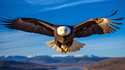 Obraz premium Majestic Bald Eagle Soaring High Against a Serene Blue Sky with Powerful Focused Gaze Capturing the Grace Freedom and Untamed Majesty of This Iconic American Symbol of Nature s Grandeur
