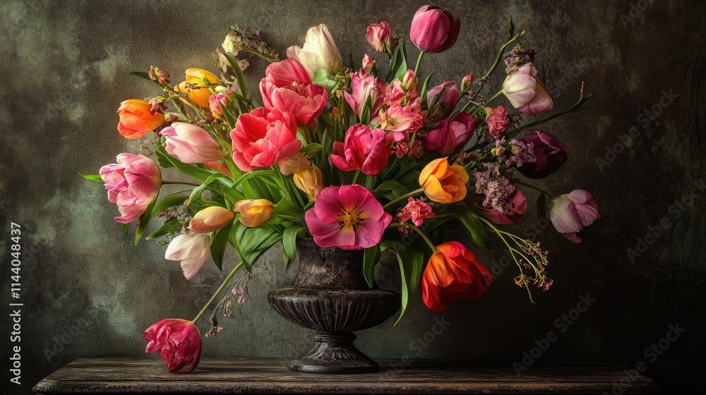 Poster vibrant spring bouquet of assorted tulips and blossoms in elegant vase on rustic wooden table agains