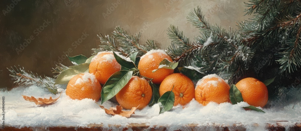 Aufkleber fresh tangerines with leaves resting on a snowy table next to a spruce branch in a winter setting