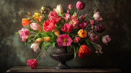 Vibrant spring bouquet of assorted tulips and blossoms in elegant vase on rustic wooden table against textured backdrop