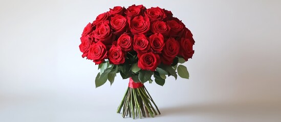 Obraz premium Elegant bouquet of vibrant red roses elegantly arranged with lush green leaves on a minimalist background for romantic occasions