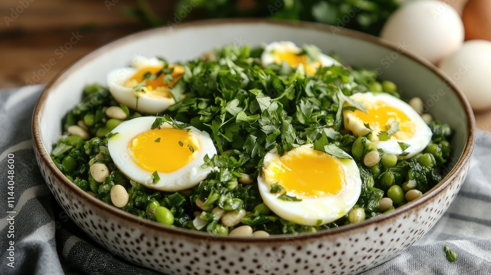 Poster cooked greens with eggs and fresh herbs in a rustic bowl on a wooden table garnished with parsley an