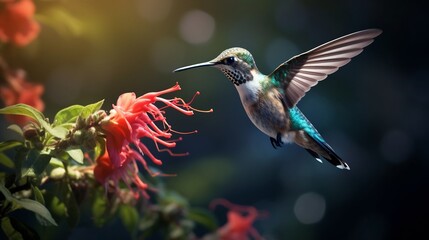 Fototapeta premium Captivating image of a hummingbird gracefully hovering and sipping nectar from a vibrant red flower in mid flight showcasing the beauty and elegance of this natural scene