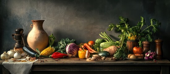 Rustic kitchen countertop with freshly harvested vegetables arranged for culinary presentations and still life photography