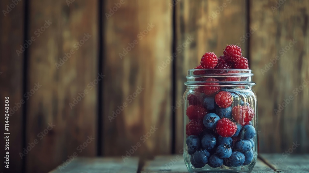 Poster freshly picked chokeberries in a glass jar on a rustic wooden background showcasing vibrant colors a